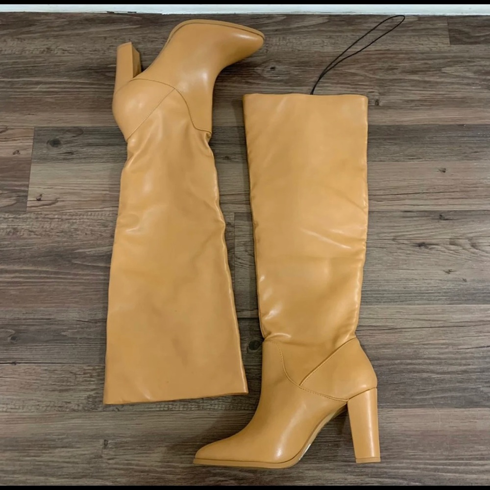 Express Tan Vegan Leather Heeled Boots Size 10 - Picture 3 of 12